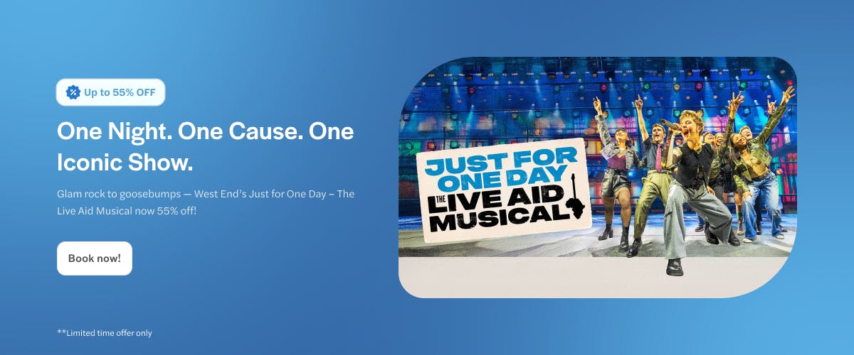 Cast performing Just for One Day Live Aid Musical on stage, West End promotion